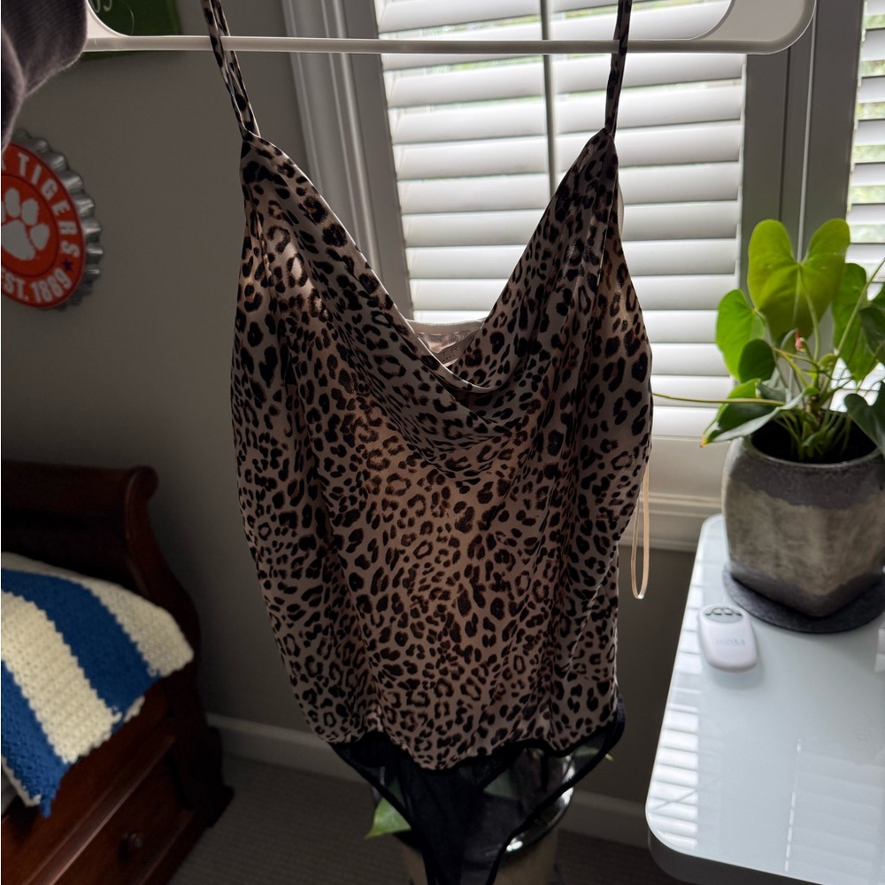 Astr Leopard Print Bodysuit with Cowl Neck